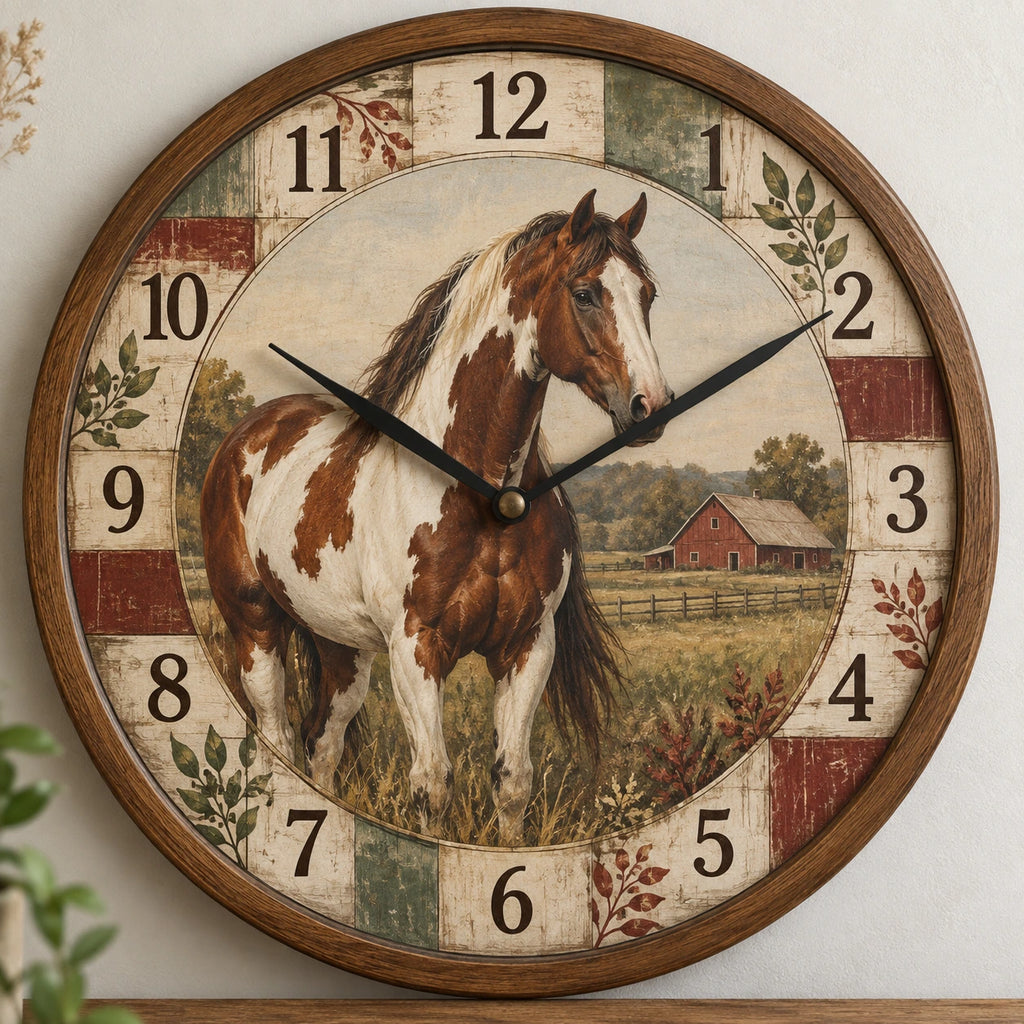 Paint Horse Farmhouse Quilt Wooden Wall Clock with printed dimensional artwork