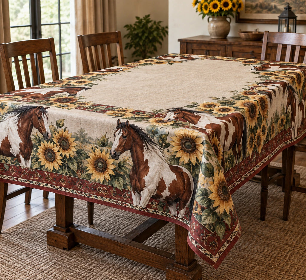 Paint Horse Sunflower Field Tablecloth with printed dimensional artwork