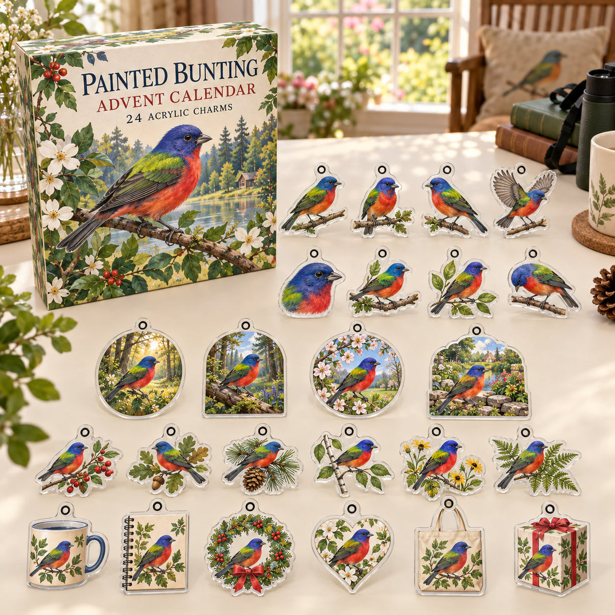 Painted Bunting advent calendar box with 24 themed flat printed acrylic charms