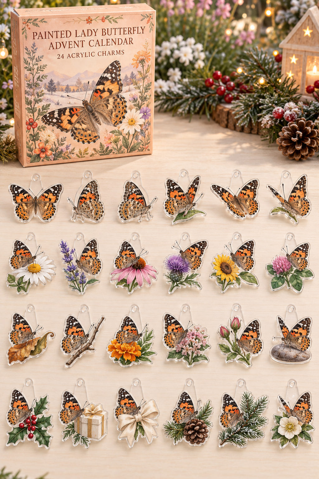 Painted Lady Butterfly advent calendar with 24 custom-shaped flat acrylic charms and printed dimensional artwork