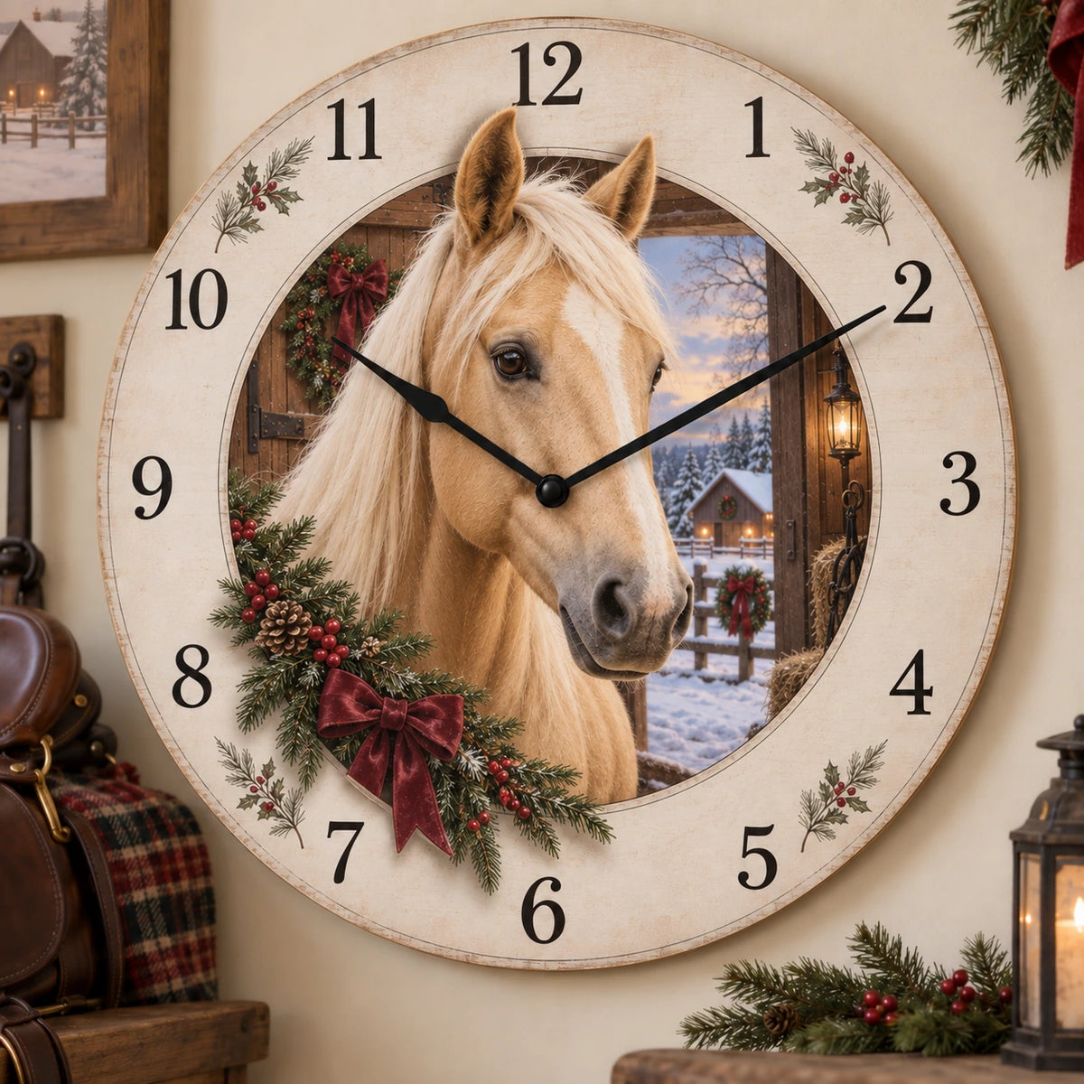 Palomino Christmas Wooden Wall Clock with flat printed palomino and Christmas barn depth