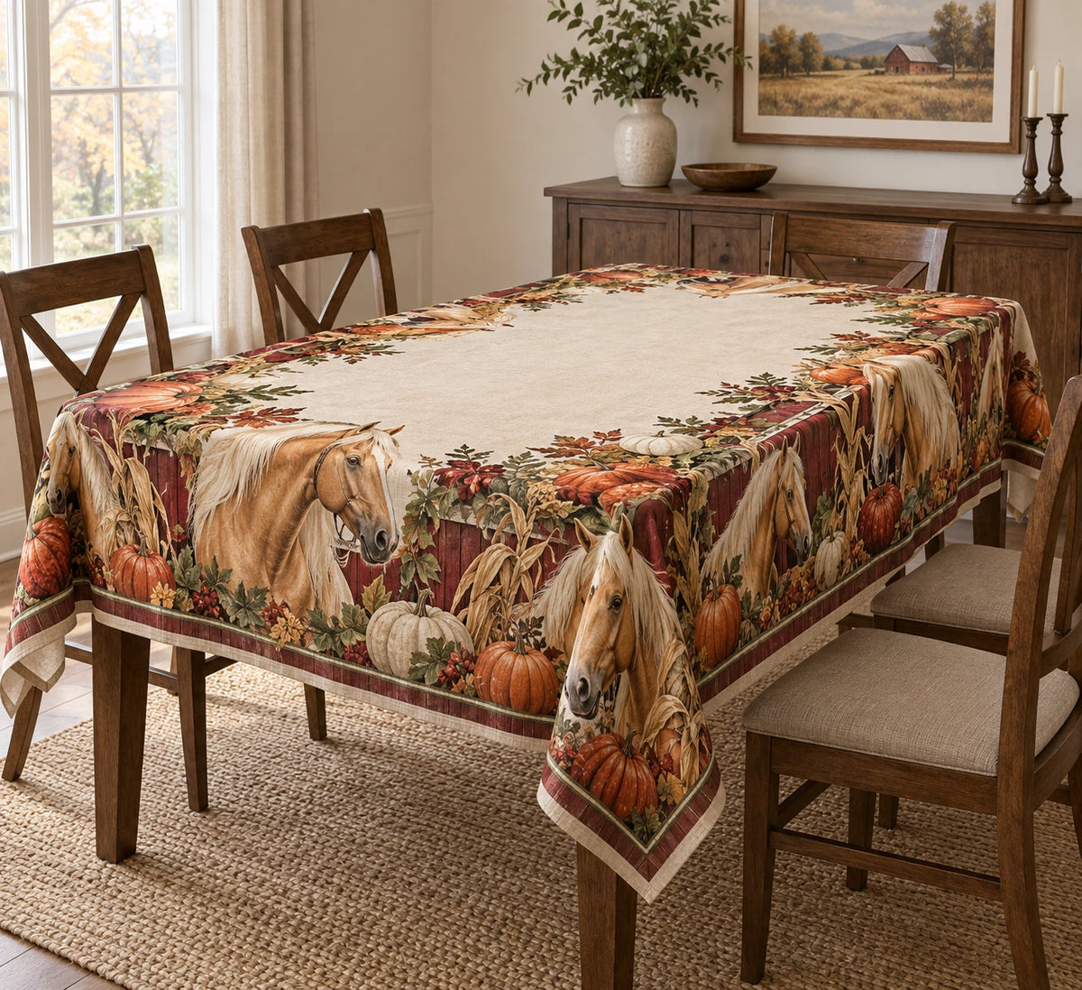 Palomino Horse Pumpkin Harvest Tablecloth with printed dimensional artwork