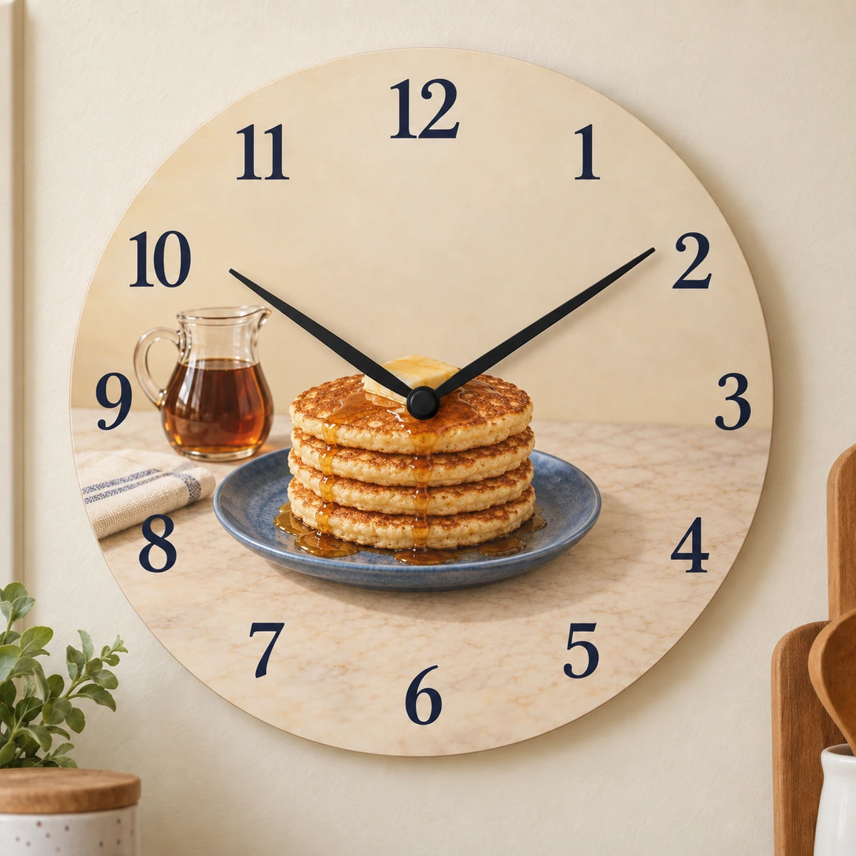 Pancake Maple Breakfast Wooden Wall Clock with printed pancake layers and readable hour numbers