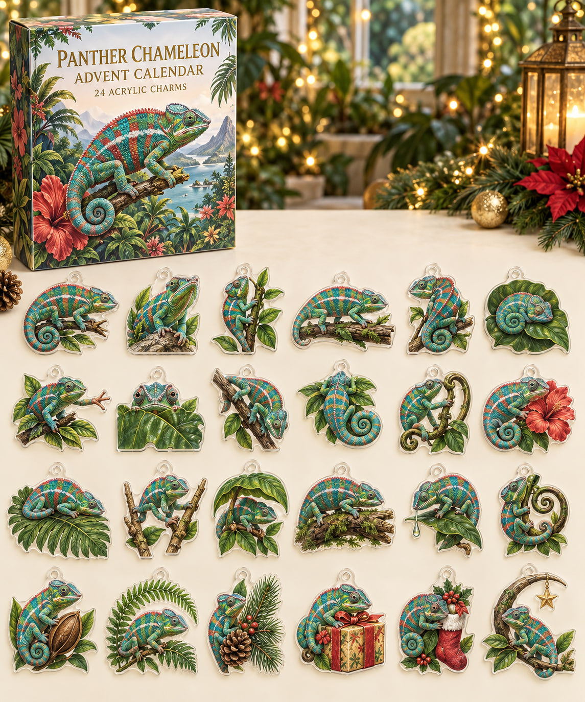 Panther Chameleon advent calendar with 24 custom-shaped flat acrylic charms and printed dimensional artwork
