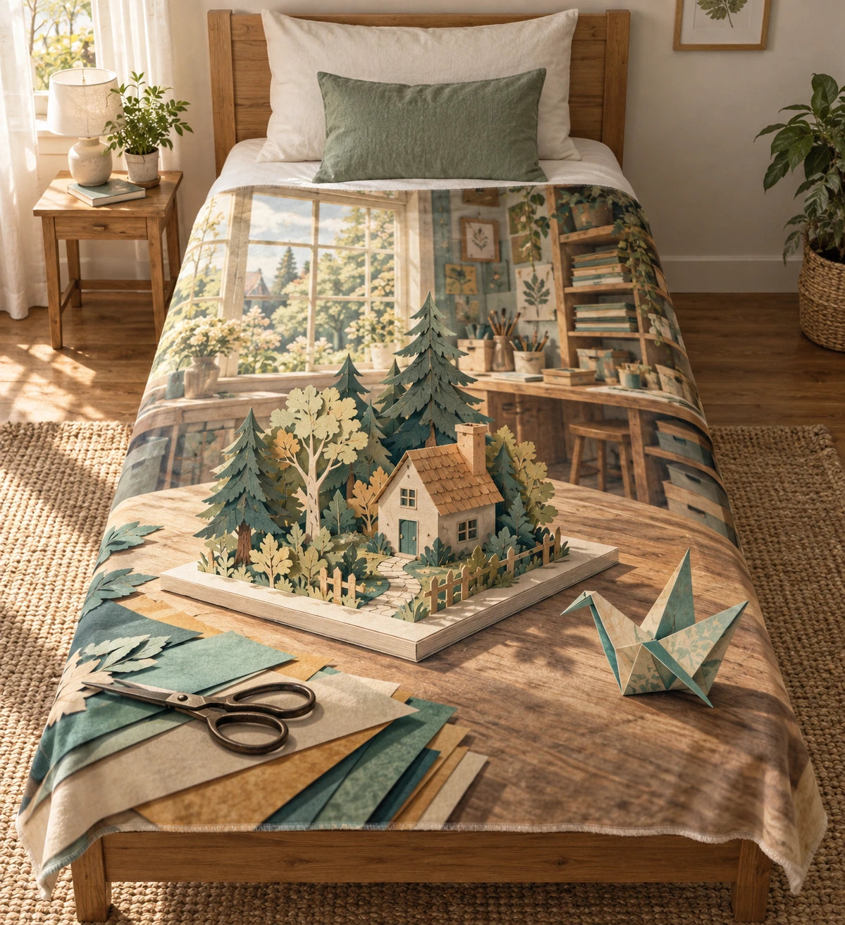Paper woodland cottage diorama and origami crane, flat printed optical-depth fleece throw blanket.