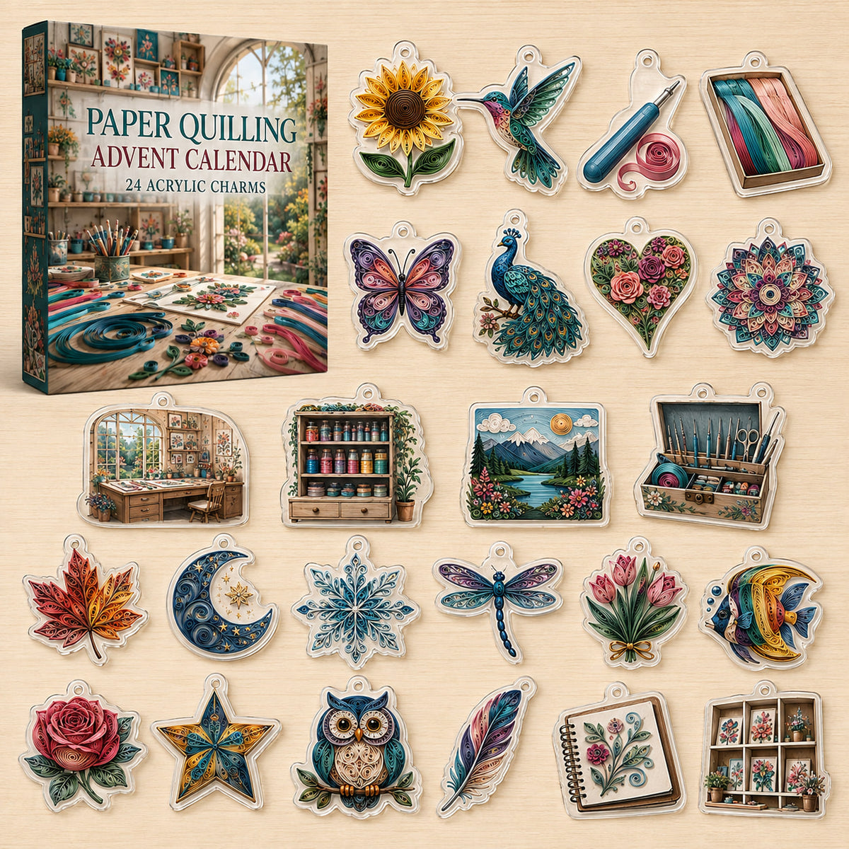 Paper Quilling advent calendar box and 24 different printed acrylic charms
