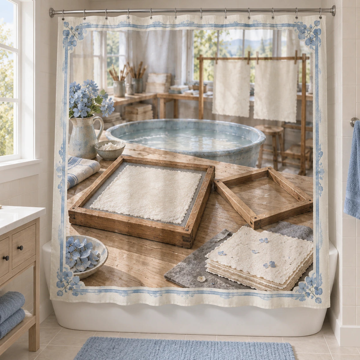 Papermaking Sunlit Studio Shower Curtain with original printed optical 3D artwork