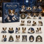 Papillon advent calendar box and full set of 24 illustrated acrylic charms on a light tabletop