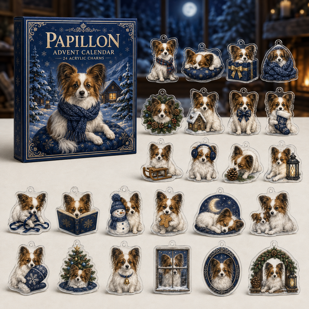 Papillon advent calendar box and full set of 24 illustrated acrylic charms on a light tabletop