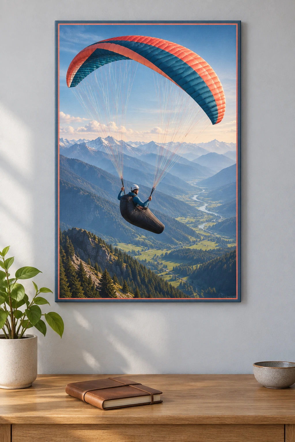 Paragliding Alpine Valley Stretched Canvas Wall Art with original printed optical 3D artwork