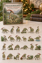 Parasaurolophus advent calendar with 24 custom-shaped flat acrylic charms and printed dimensional artwork