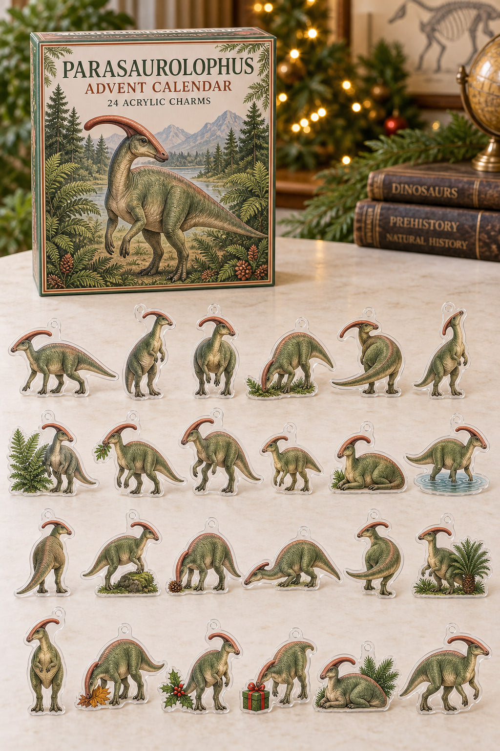 Parasaurolophus advent calendar with 24 custom-shaped flat acrylic charms and printed dimensional artwork