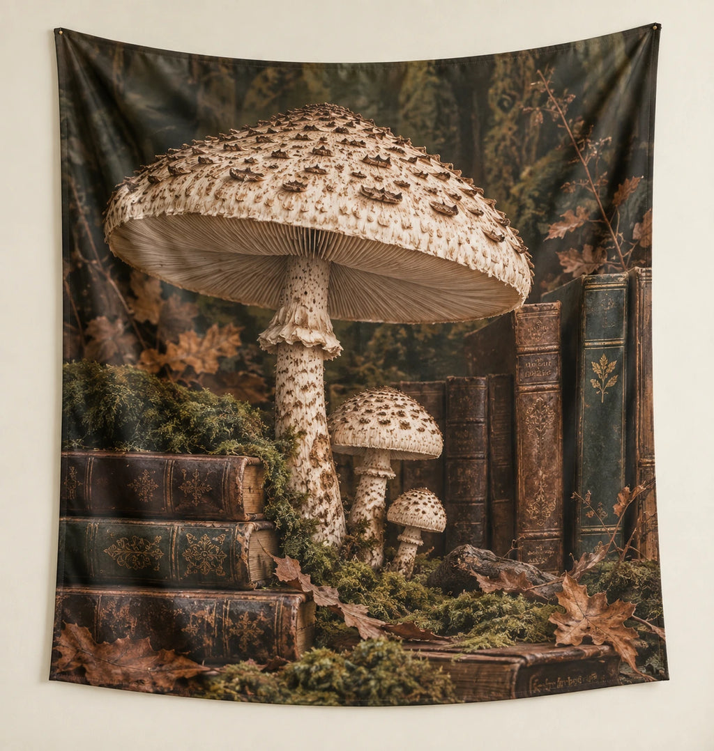 Parasol Mushroom Book Nook Wall Tapestry with printed dimensional artwork