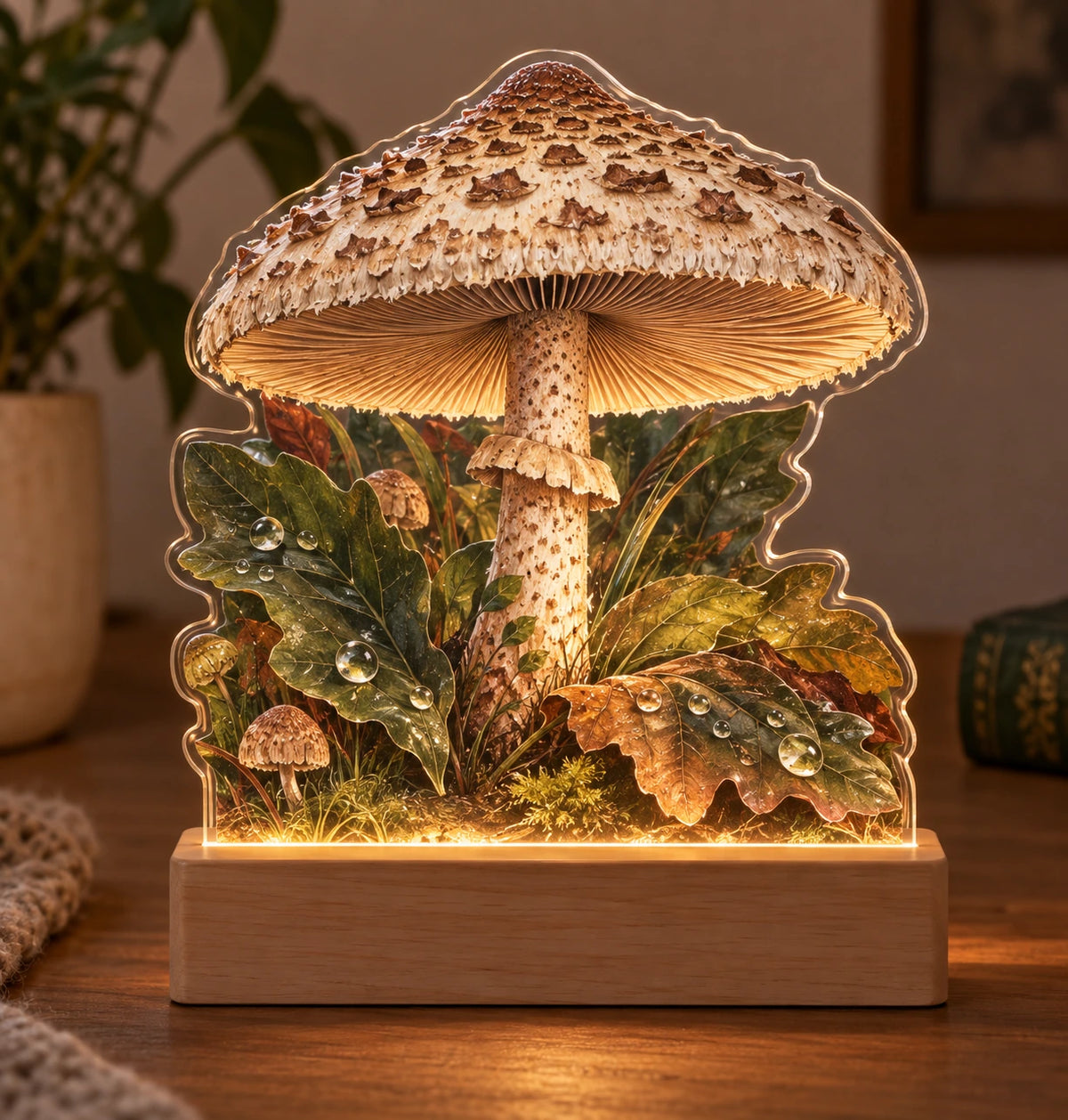 Parasol Mushroom Rainy Woodland Acrylic Night Light with printed dimensional artwork