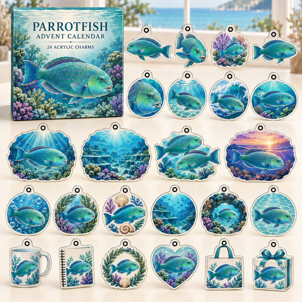 Parrotfish advent calendar box with 24 themed flat printed acrylic charms