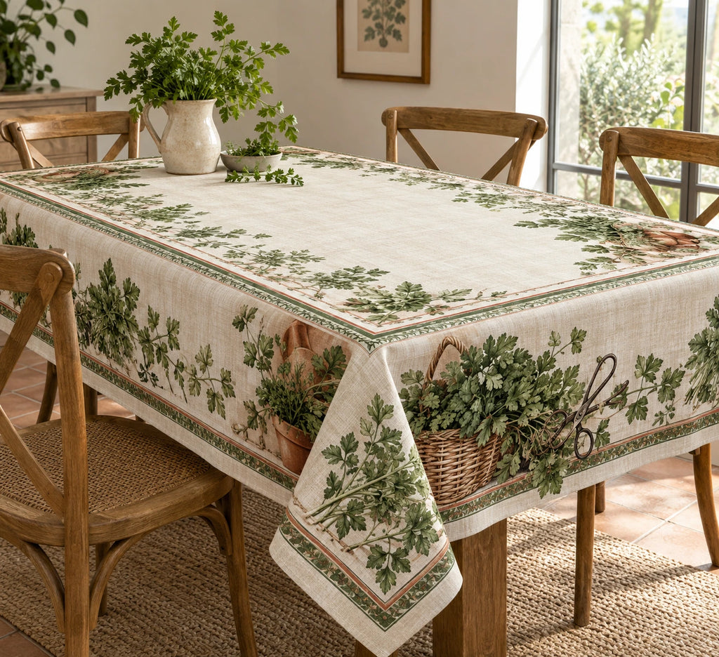 Parsley Harvest Basket Tablecloth with printed dimensional artwork
