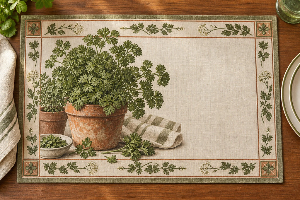 Parsley Seedling Bench Placemat with printed dimensional artwork