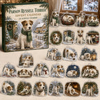 Parson Russell Terrier advent calendar box and 24 illustrated acrylic charms displayed on an ivory tabletop in a winter setting