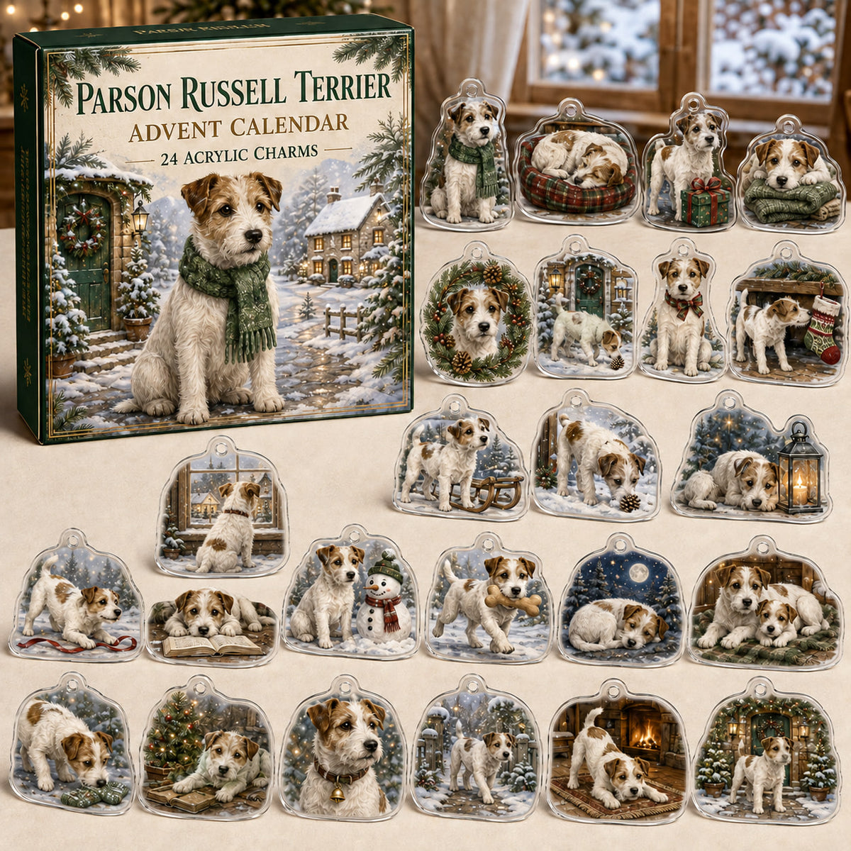 Parson Russell Terrier advent calendar box and 24 illustrated acrylic charms displayed on an ivory tabletop in a winter setting