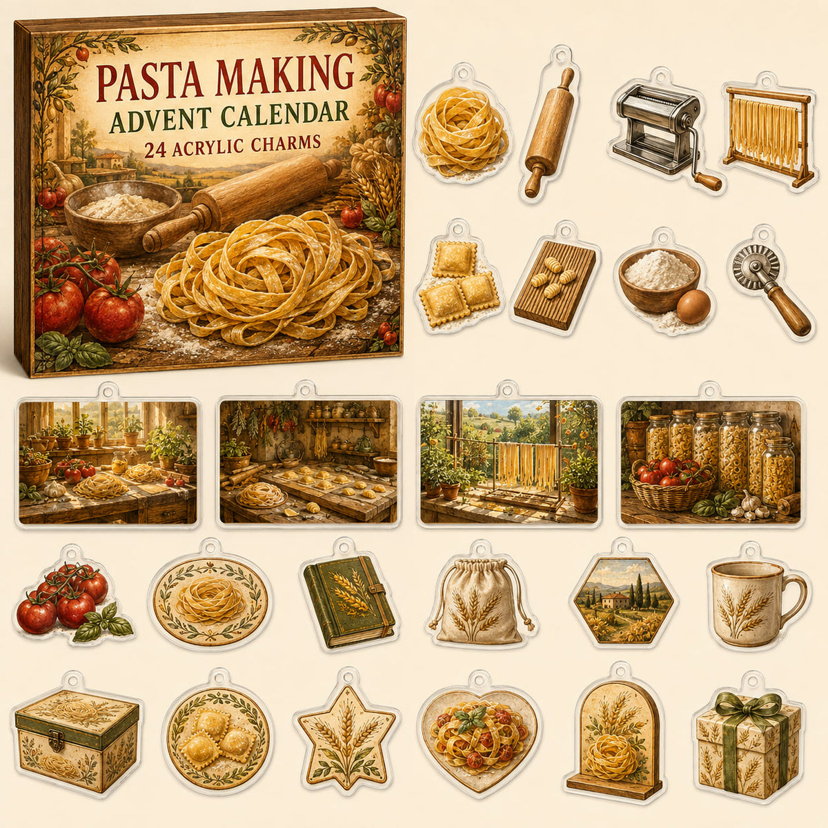 Pasta Making advent calendar box with24 kitchen-themed printed acrylic charms