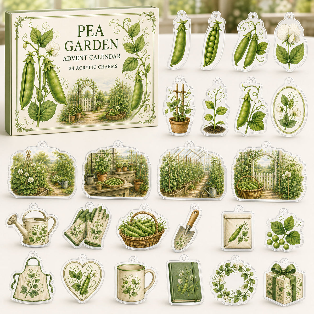 Pea Growing advent calendar box with24 printed acrylic vegetable-garden charms