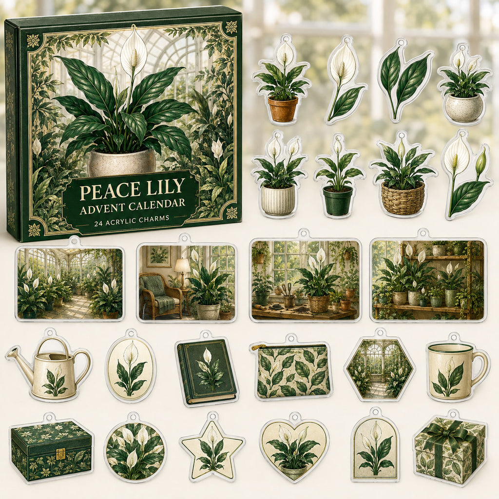 Peace Lily advent calendar box and24 botanical-themed printed acrylic charms
