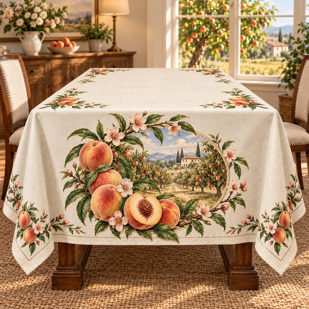 Peach Orchard Breakfast Tablecloth with printed dimensional peaches and orchard medallion