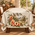 Peach Orchard Breakfast Tablecloth with printed dimensional peaches and orchard medallion