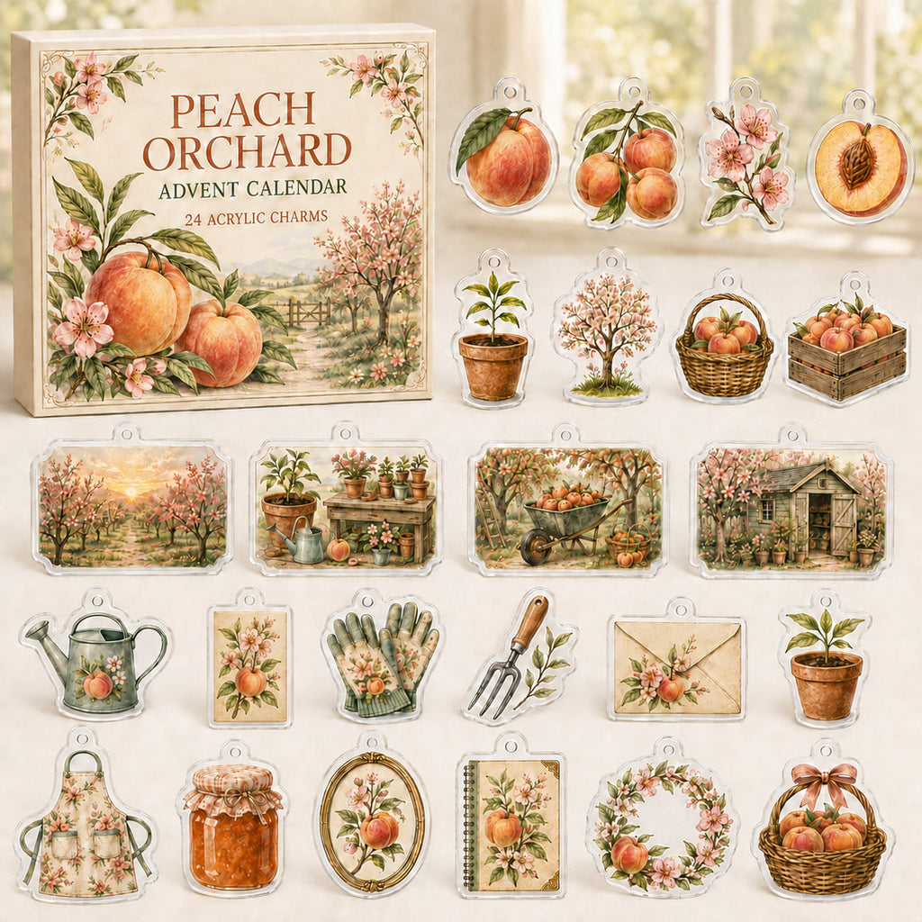 Peach Orchard advent calendar box and 24 printed acrylic fruit garden charms