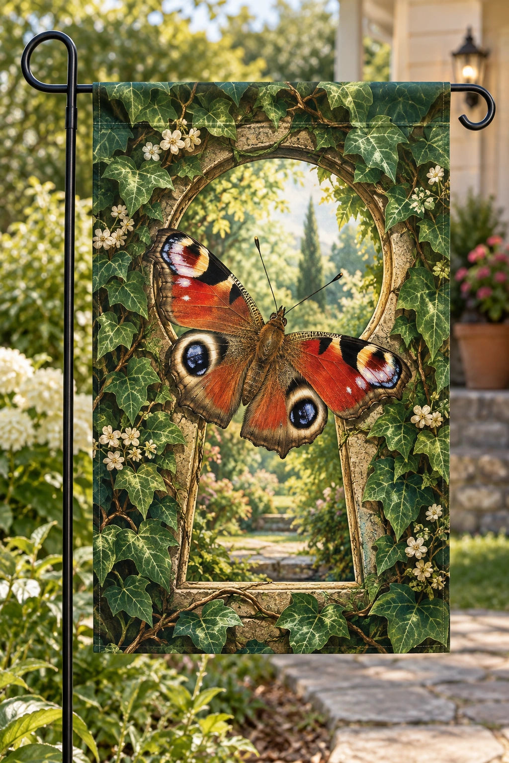 Peacock Butterfly Garden Keyhole Garden Flag with printed dimensional artwork