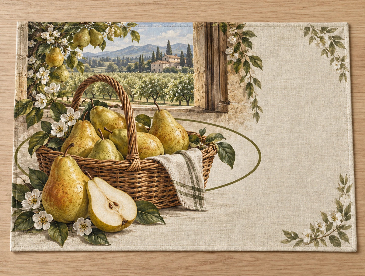 Pear Harvest Basket Placemat with flat printed dimensional fruit artwork