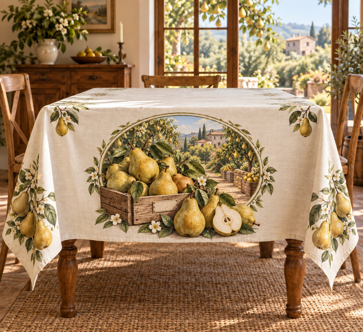 Pear Orchard Market Tablecloth with printed dimensional pears and orchard medallion