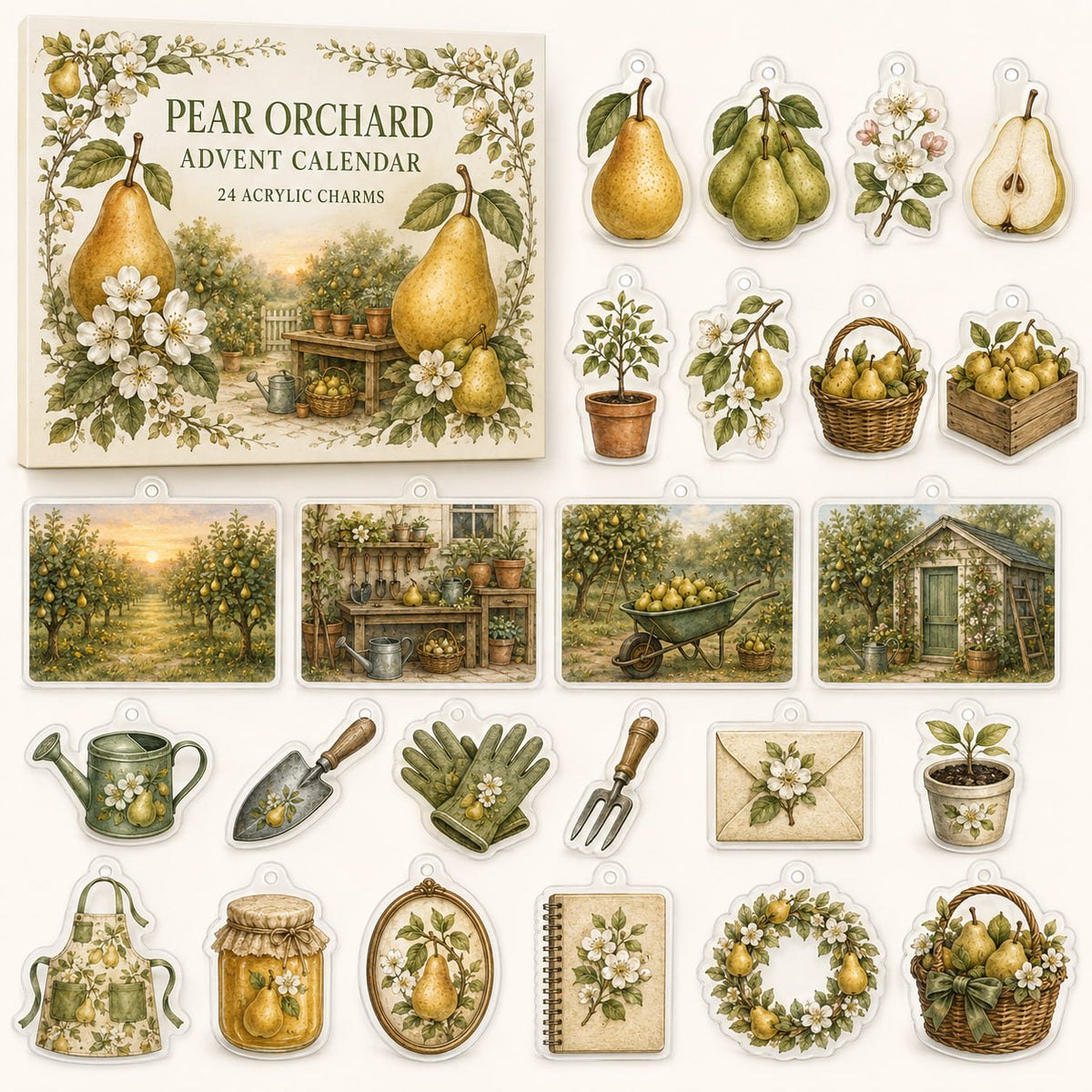Pear Orchard advent calendar box with 24 decorative printed acrylic charms