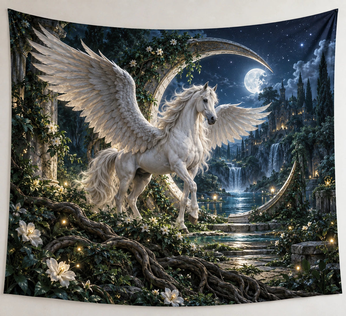 Pegasus Moon Gate Wall Tapestry with printed wing and moonlit garden depth