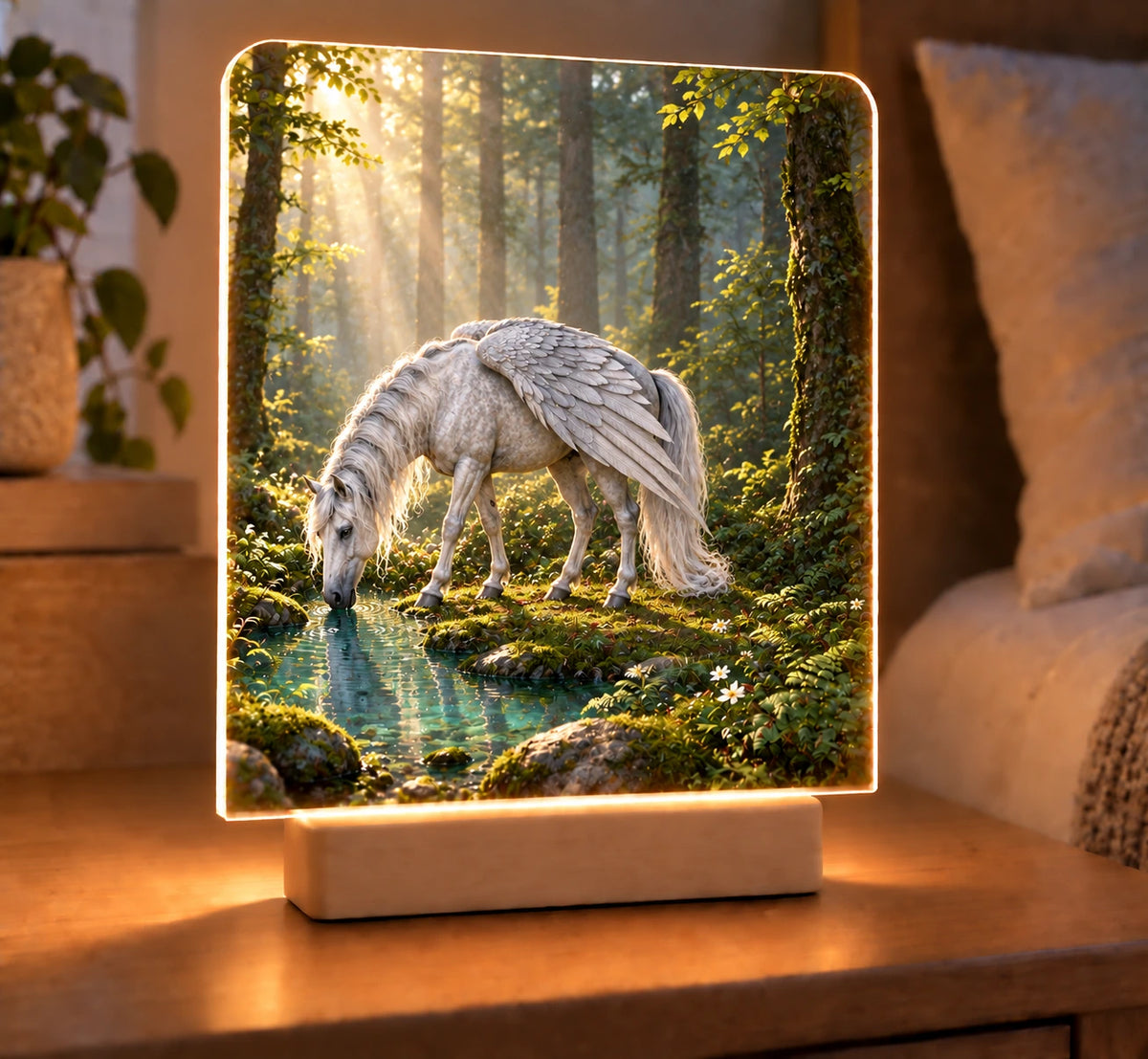Pegasus Forest Spring Acrylic Night Light with a printed winged horse and mossy water reflections