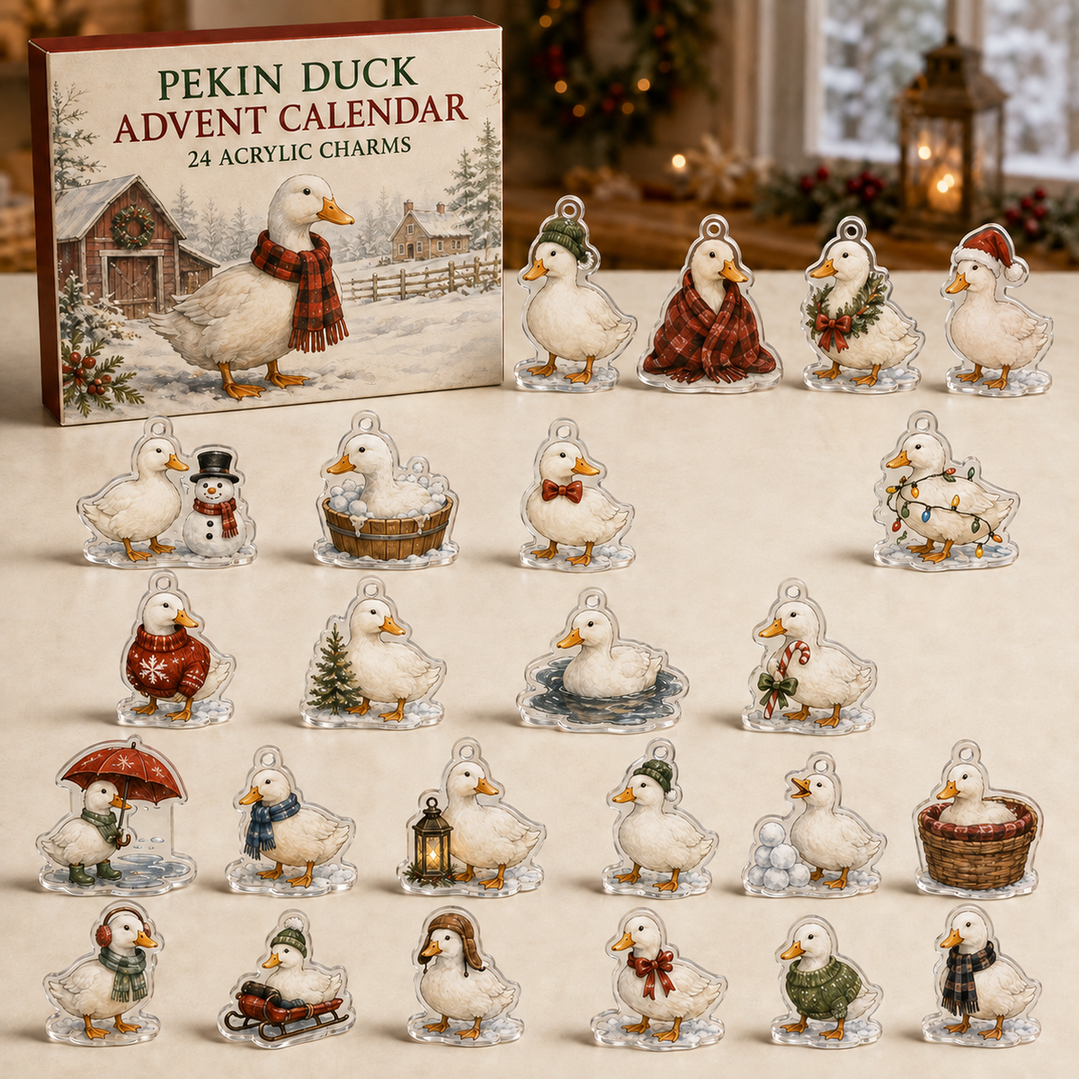 Pekin Duck advent calendar box and full set of 24 illustrated acrylic charms on a light tabletop