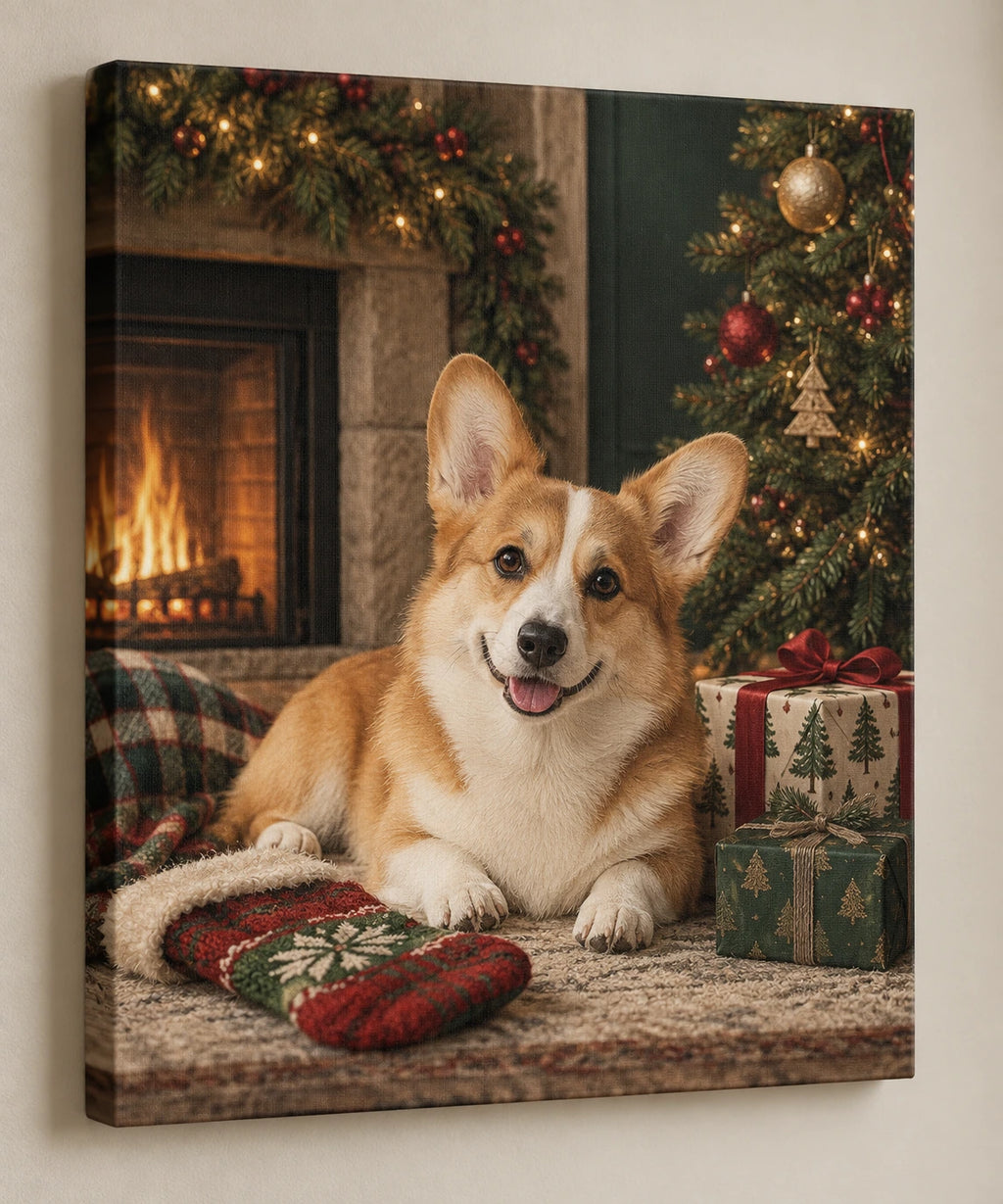 Pembroke Corgi Holiday Stocking Canvas Wall Art with printed dimensional artwork