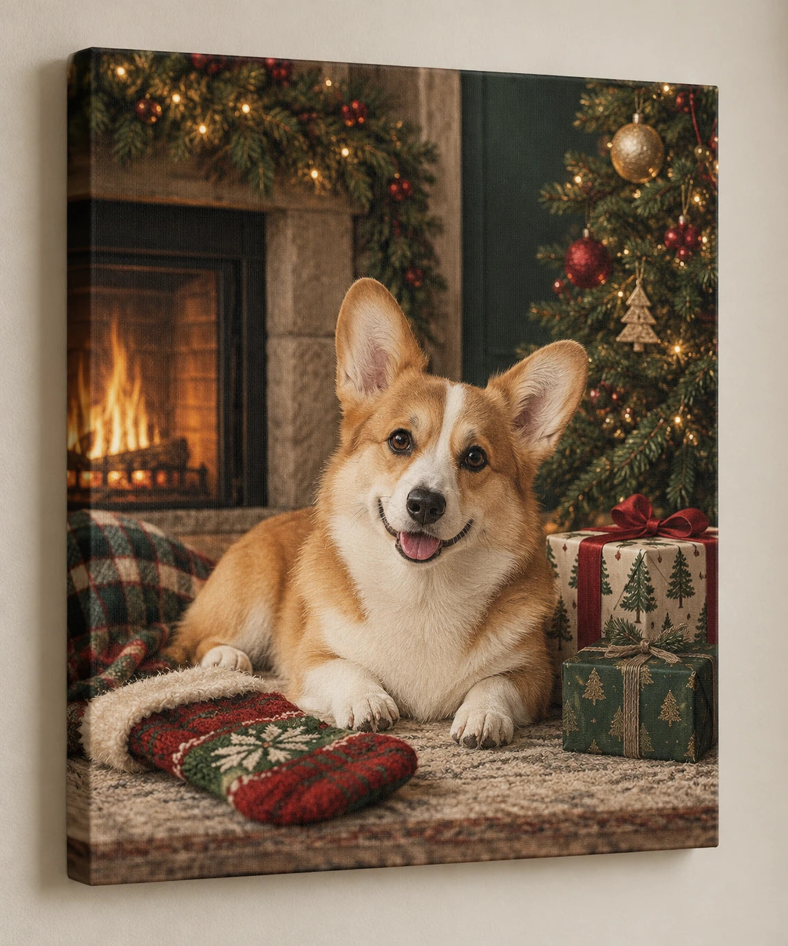 Pembroke Corgi Holiday Stocking Canvas Wall Art with printed dimensional artwork