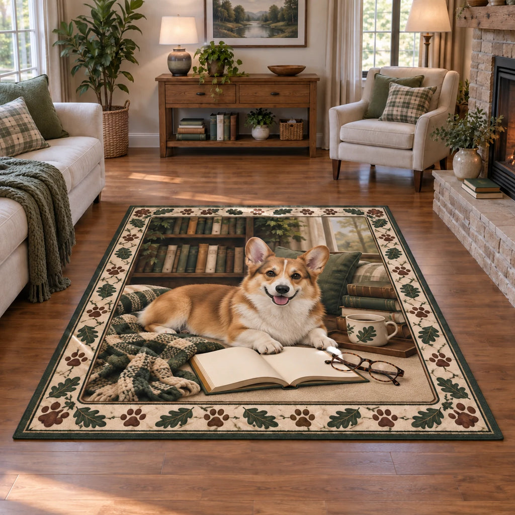Red and white Pembroke corgi area rug beside an open book and glasses with oak leaf and paw accents.
