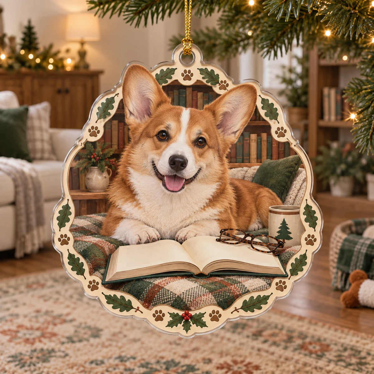 Red and white Pembroke corgi christmas ornament beside an open book and glasses with oak leaf and paw accents.
