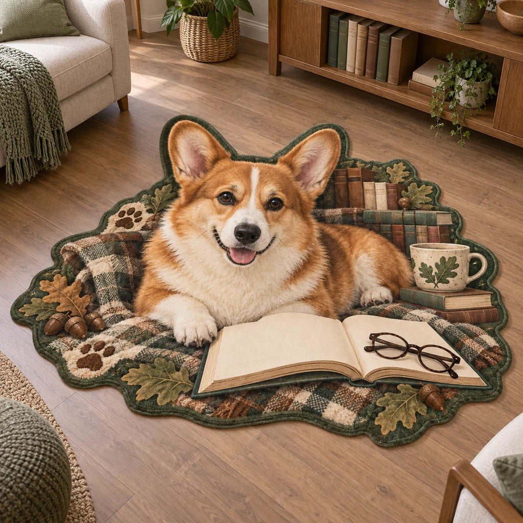 Red and white Pembroke corgi custom shape area rug beside an open book and glasses with oak leaf and paw accents.