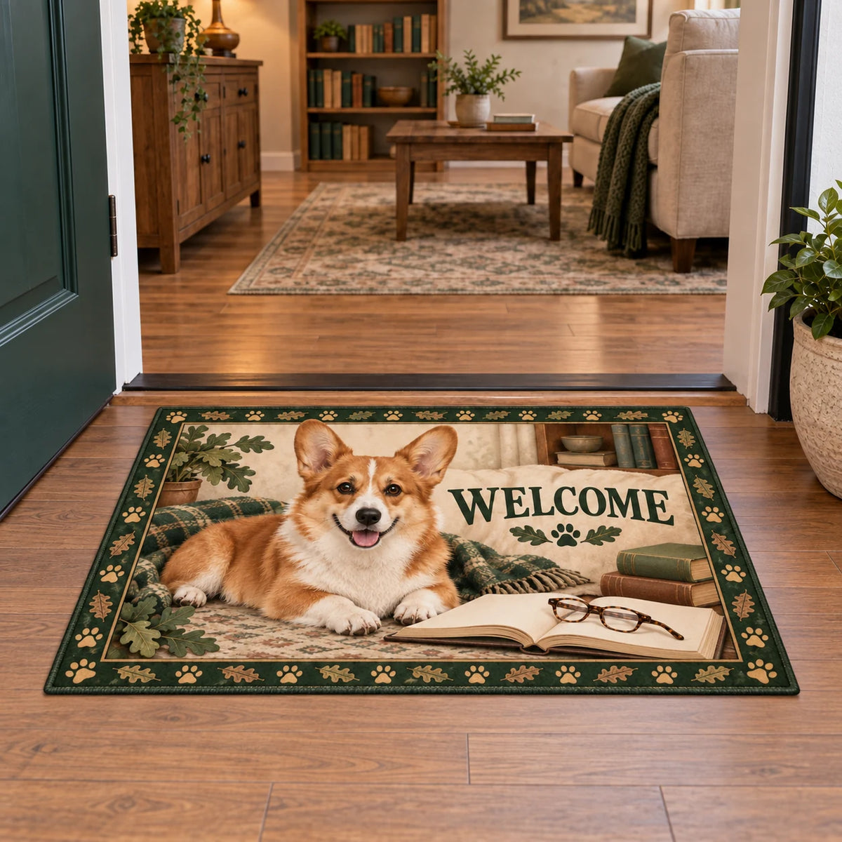 Red and white Pembroke corgi doormat beside an open book and glasses with oak leaf and paw accents.