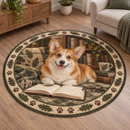 Red and white Pembroke corgi round mat rug beside an open book and glasses with oak leaf and paw accents.