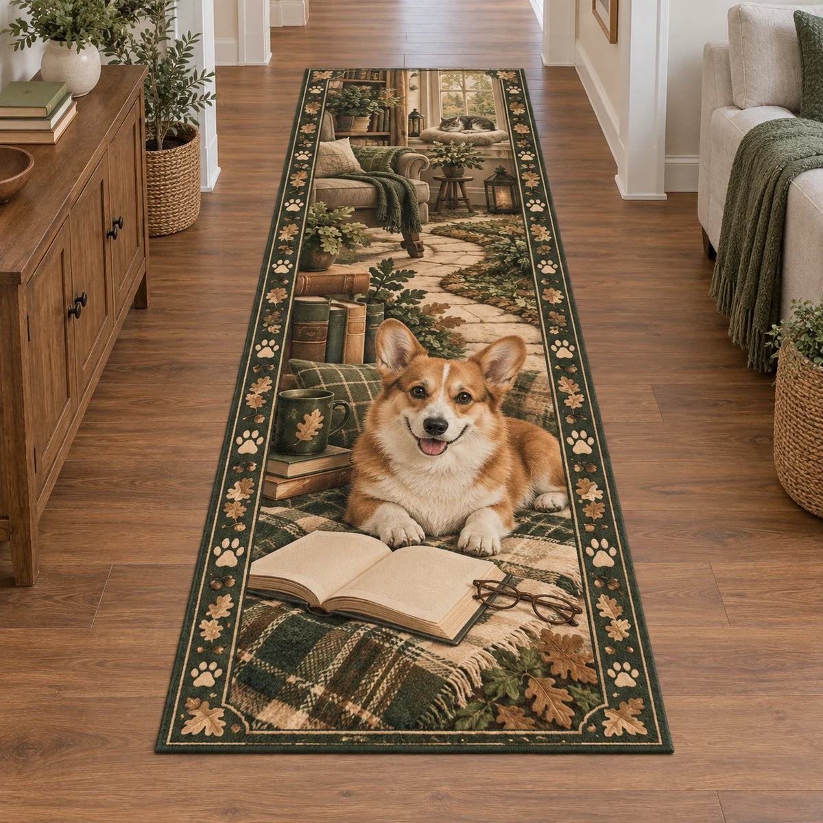 Red and white Pembroke corgi runner rug beside an open book and glasses with oak leaf and paw accents.