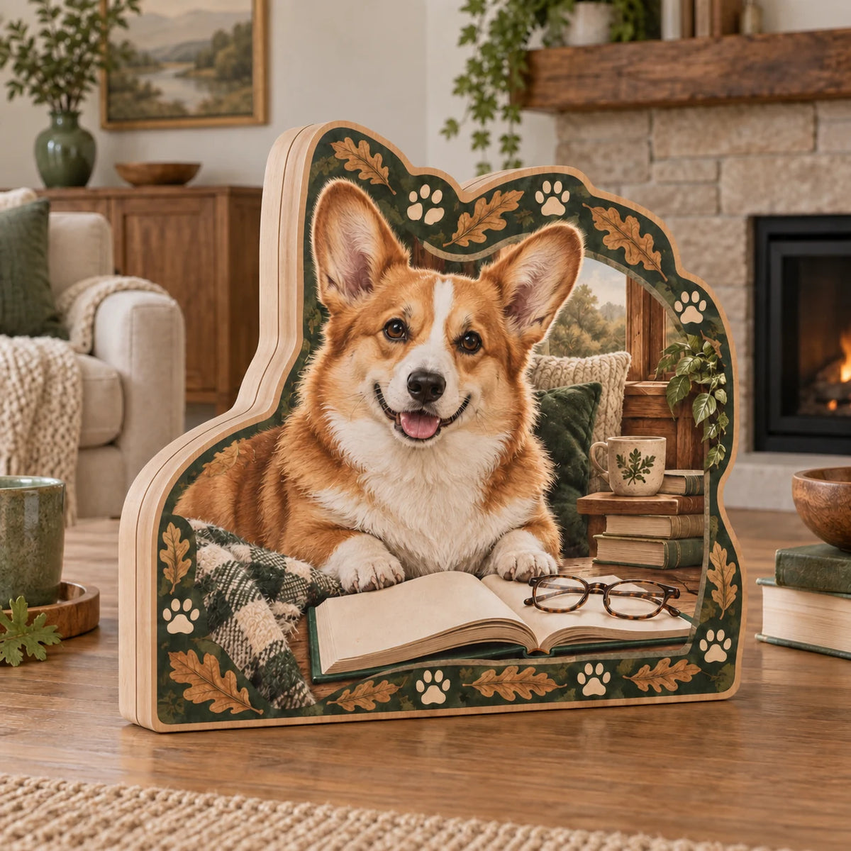 Red and white Pembroke corgi wooden block beside an open book and glasses with oak leaf and paw accents.