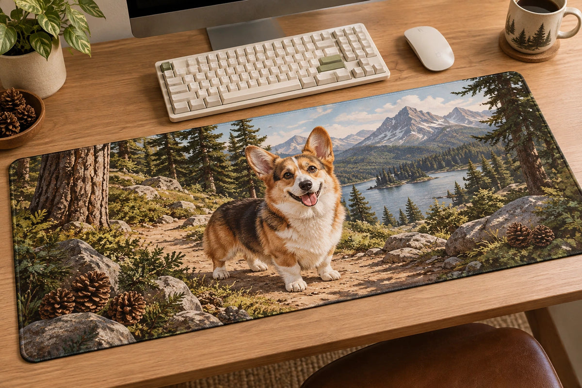 Pembroke Corgi Trail Companion Desk Mat with printed dimensional artwork
