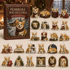 Pembroke Welsh Corgi advent calendar box and full set of 24 illustrated acrylic charms on a light tabletop