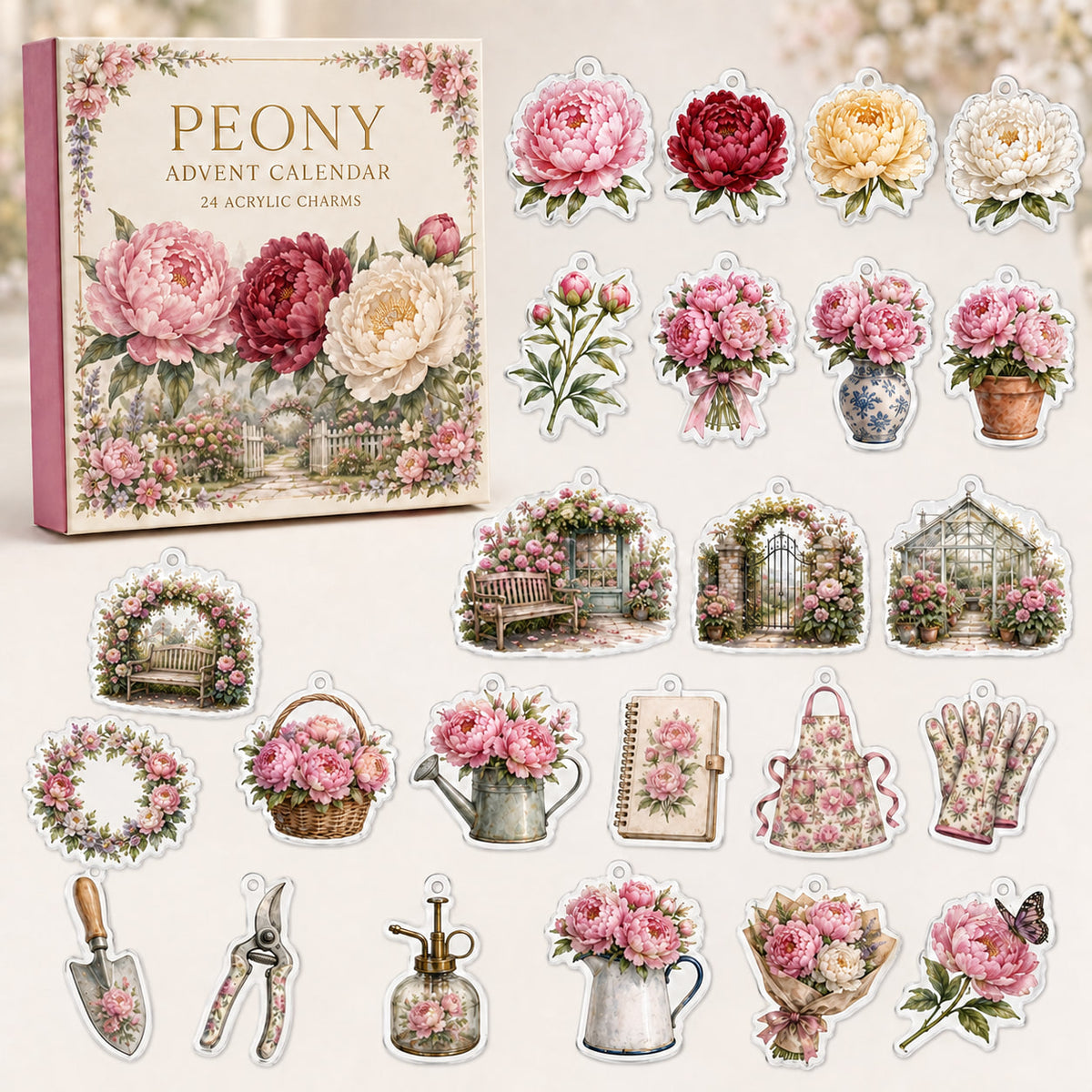 Peony advent calendar box and 24 floral printed acrylic charms