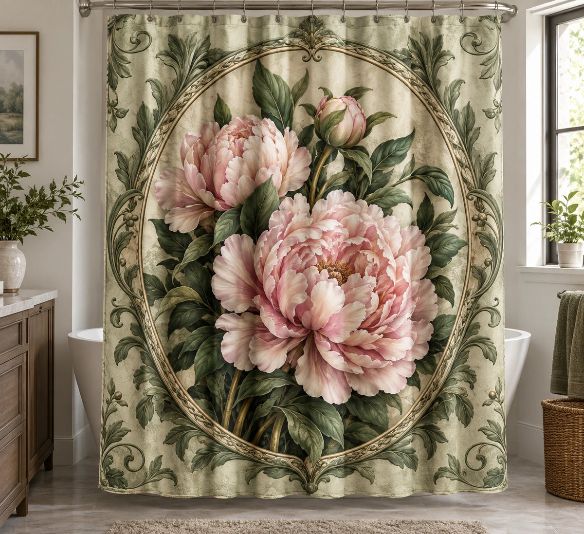 Peony Botanical Cameo Shower Curtain with printed dimensional artwork