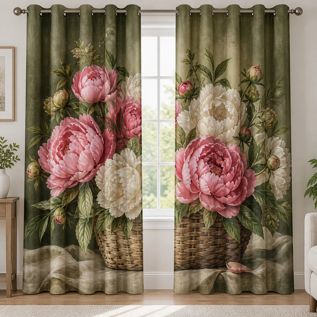 Peony Garden Basket Window Curtains with printed dimensional artwork